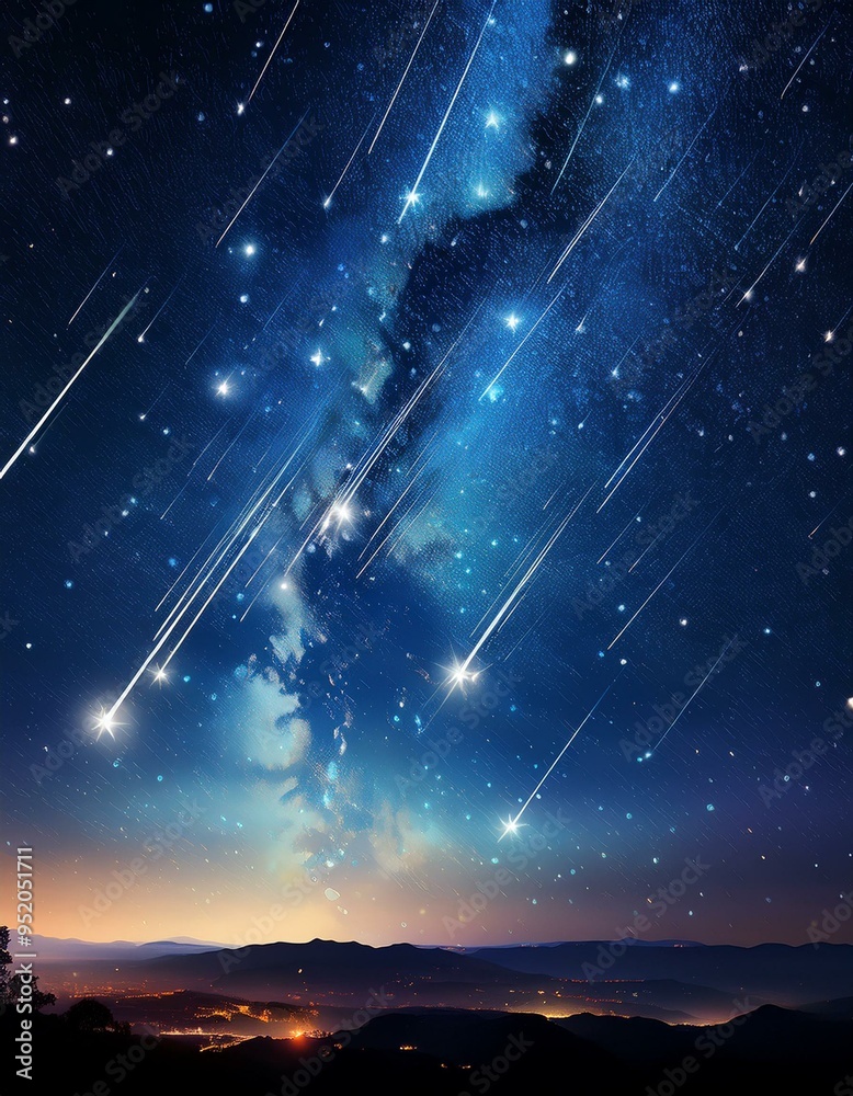 Naklejka premium night in the mountains, cosmos, nature, vector, nebula, christmas, starry, illustration, planet, clouds, landscape, meteor