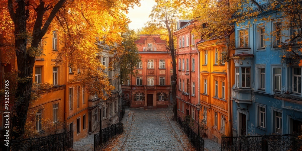 Fototapeta premium A picturesque cobblestone street lined with vibrant, colorful buildings adorned with autumn leaves, creating a warm and inviting atmosphere in the heart of the city