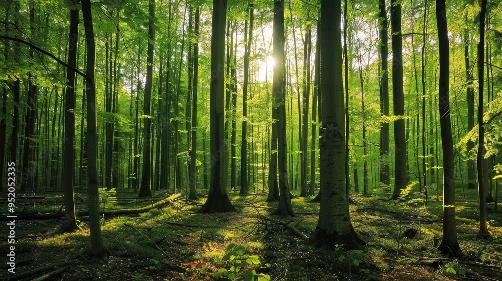 Fototapeta premium A serene forest scene illuminated by sunlight filtering through lush green trees.