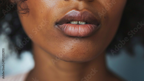 Close-up of a person biting their lower lip, reflecting nervousness or anxiety. photo