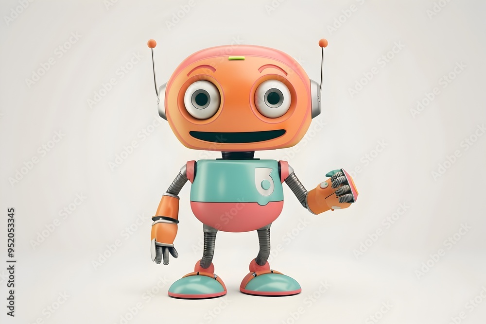 Friendly 3D Robot Logo with Cheerful Expression in Simple Cartoon Style Friendly 3D Robot Logo with Cheerful Expression in Simple Cartoon Style