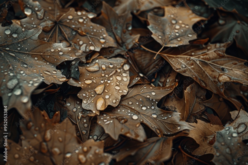Fallen leaves covered in delicate raindrops, revealing the intricate details of nature's autumn palette and rainy day's simple beauty.