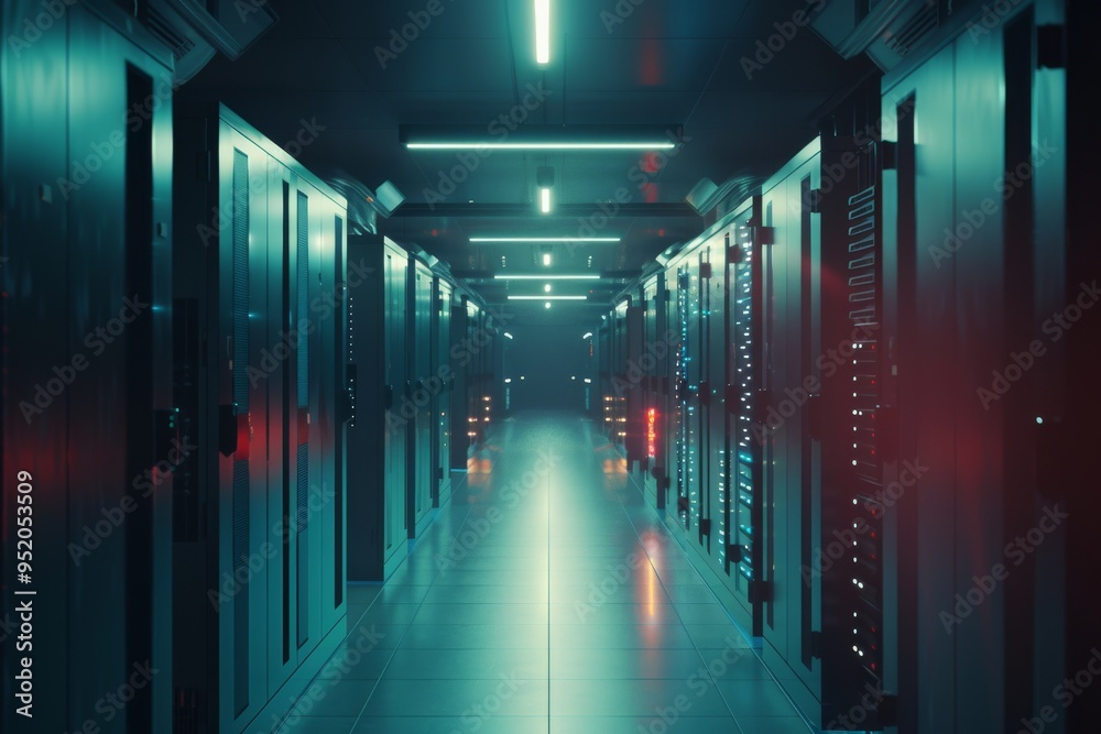 A modern data center corridor featuring rows of illuminated servers, showcasing the intricate technology driving digital advancements in a sleek environment. A modern data center corridor featuring rows of illuminated servers, showcasing the intricate technology driving digital advancements in a sleek environment.