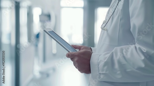 Doctor Using a Tablet in Bright Modern Hospital Corridor