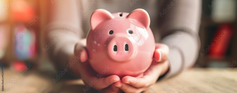 Pink Piggy Bank Held in Hands on Wooden Table Pink Piggy Bank Held in Hands on Wooden Table