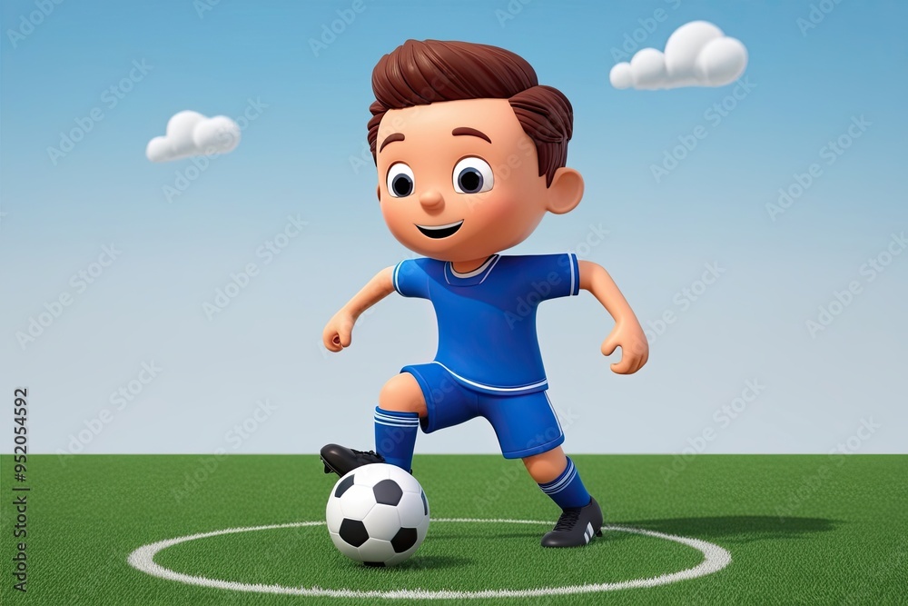 Fototapeta premium 3D Cartoon Boy Playing Soccer with Ball on Clear Background