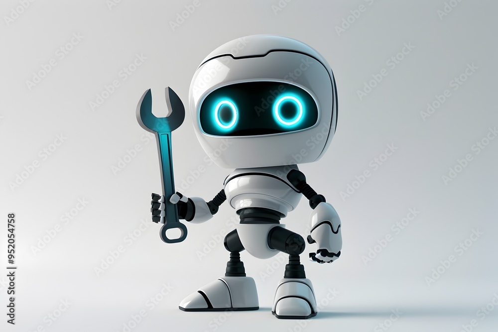 Cartoon Robot Handyman Holding Wrench for Mechanical Repair and Maintenance Cartoon Robot Handyman Holding Wrench for Mechanical Repair and Maintenance