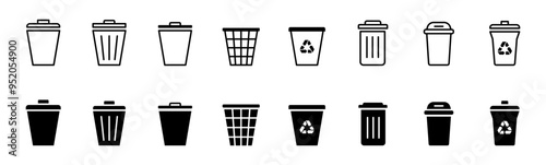 Bin icon set. Trash can icon collection. Trash icons and delete button. Garbage bin symbol. Vector illustration.