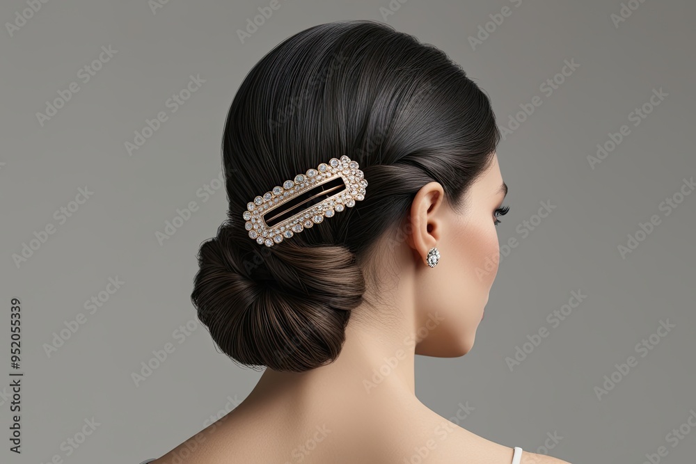 Naklejka premium Chic Hairpin Mockup Showcased in Elegant Woman's Hairstyle Closeup