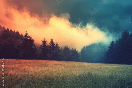 Silhouetted Pine Trees Against a Misty Sunset Sky