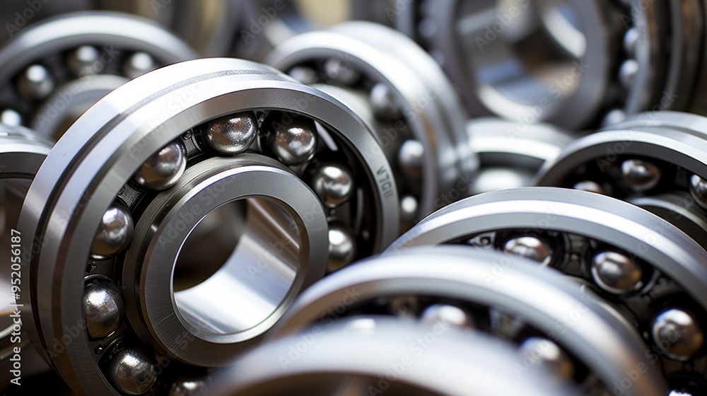 Set of deep groove ball and roller bearings on a gray background with soft focus. Neural network ai generated art Set of deep groove ball and roller bearings on a gray background with soft focus. Neural network ai generated art