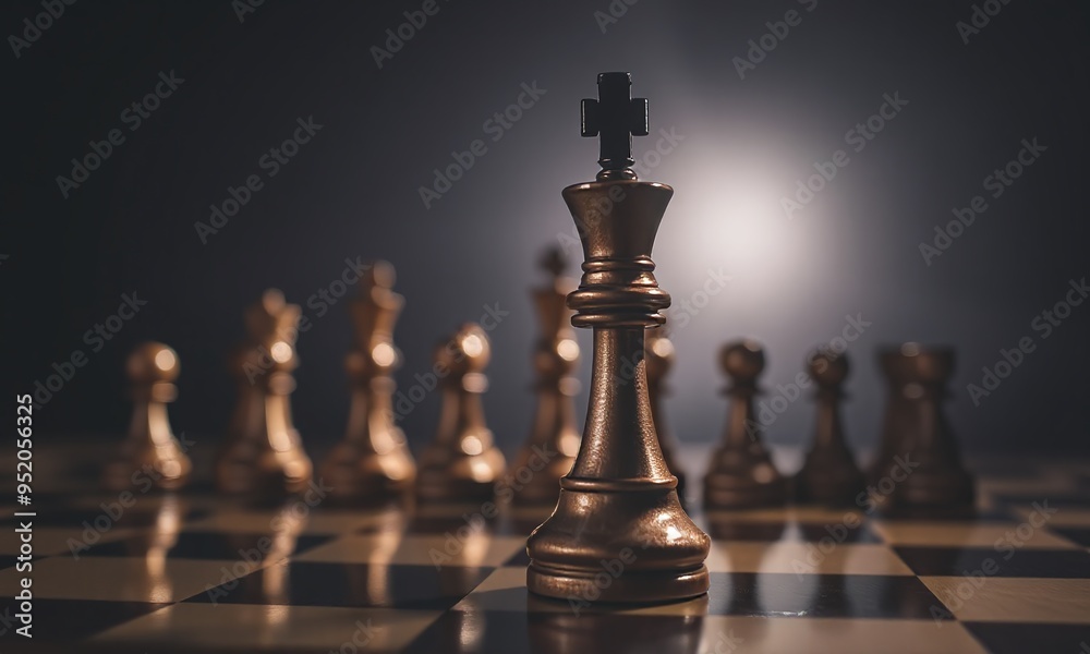 A golden chess king stands tall and proud in the center of the board A golden chess king stands tall and proud in the center of the board