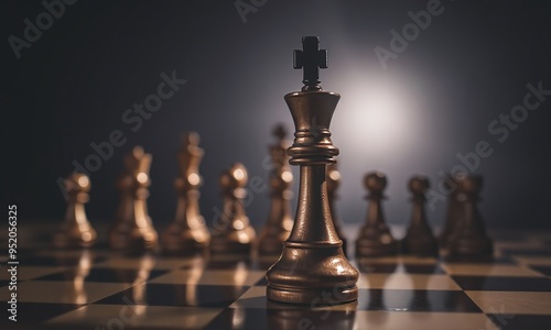 A golden chess king stands tall and proud in the center of the board