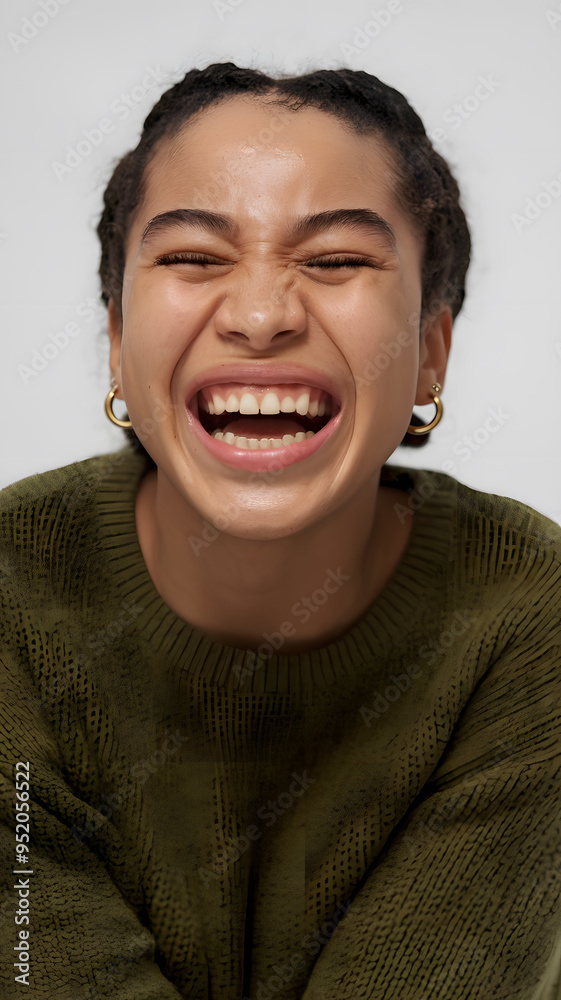 A joyful young woman laughing heartily, showcasing her bright smile and expressive eyes. The background is neutral, emphasizing her happiness and vibrant energy. A joyful young woman laughing heartily, showcasing her bright smile and expressive eyes. The background is neutral, emphasizing her happiness and vibrant energy.
