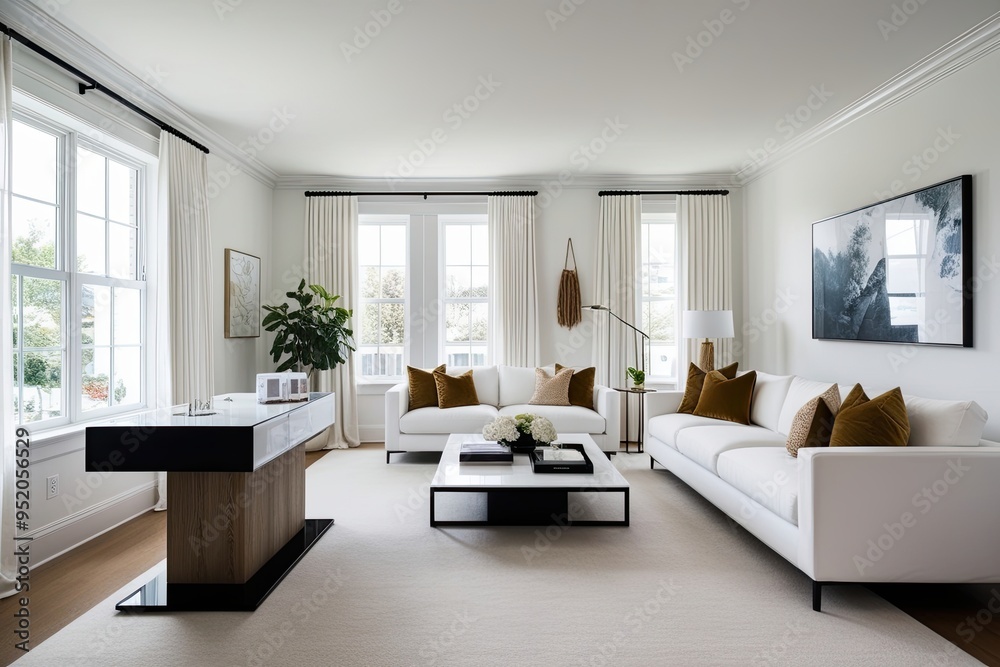 Fototapeta premium Contemporary White Living Room Featuring Stylish Product Display Desk and Minimalist Decor