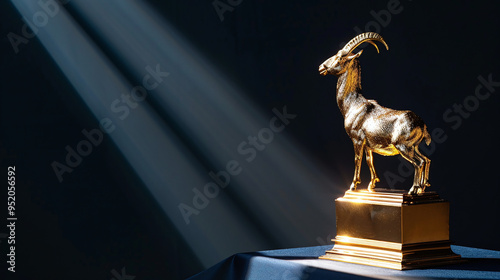 a golden trophy in the shape of a goat, placed on a pedestal, greatest of all time award