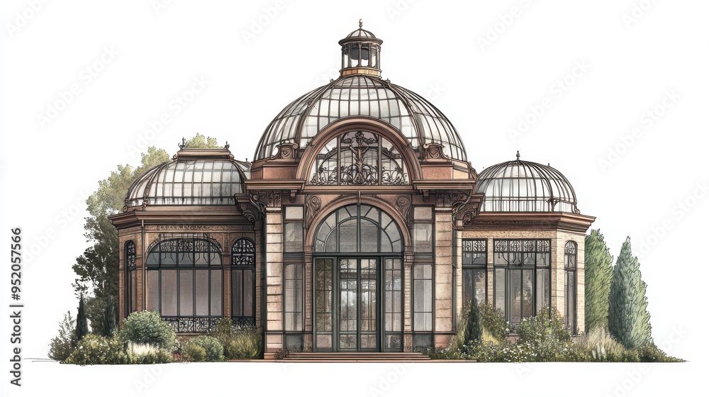 Obraz premium A beautifully designed glass conservatory with ornate details and lush greenery.