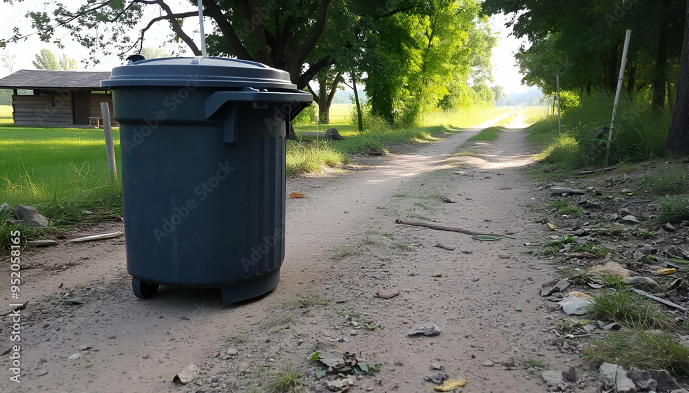 A gray trash can on a dirt path in a rural setting, with trees and sunlight in the background A gray trash can on a dirt path in a rural setting, with trees and sunlight in the background