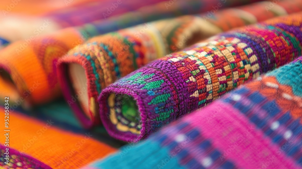 Fototapeta premium A close-up on the detail of brightly colored Guatemalan tzutes, capturing the essence of traditional craftsmanship and design.