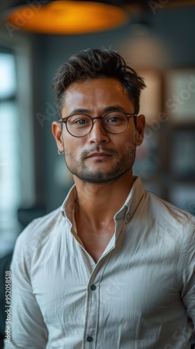 Man wearing glasses and a shirt standing in a room