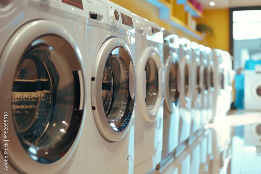 A line of modern washing machines in a showroom, perfectly aligned and ready for customers to view, reflecting cleanliness and advanced technology. A line of modern washing machines in a showroom, perfectly aligned and ready for customers to view, reflecting cleanliness and advanced technology.