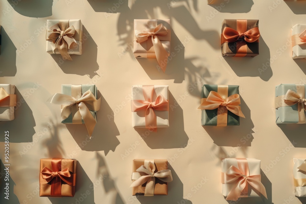 Rows of delicately wrapped gift boxes in soft pastel colors, each tied with a ribbon, arranged meticulously against a sunlit wall and casting charming shadows. Rows of delicately wrapped gift boxes in soft pastel colors, each tied with a ribbon, arranged meticulously against a sunlit wall and casting charming shadows.