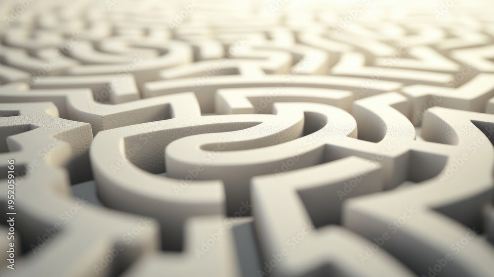 Close-up of a white 3D maze with light shining from above. Close-up of a white 3D maze with light shining from above.