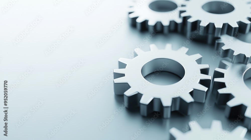 Closeup of several metallic gears on a light blue background. Closeup of several metallic gears on a light blue background.