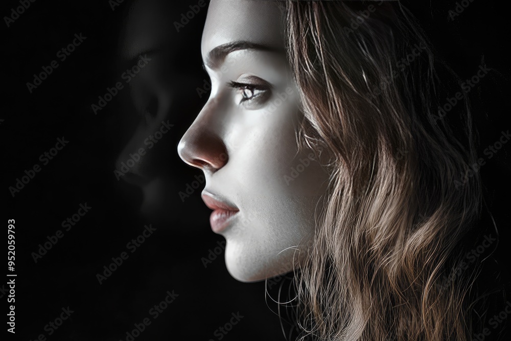 Close-up Profile of a Woman with Long Wavy Hair in Shadow Close-up Profile of a Woman with Long Wavy Hair in Shadow
