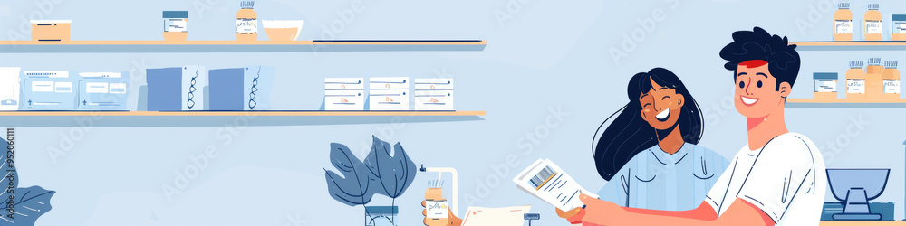 Two friends browse health products in a modern pharmacy, chatting and examining items on the shelves