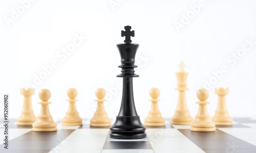 Black chess king standing ahead of white pawns on white background