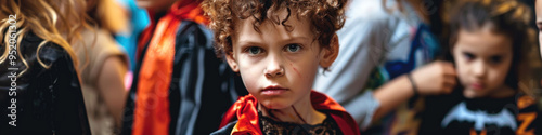 The young boy in a costume, surrounded by children, shows a serious expression during the lively celebration