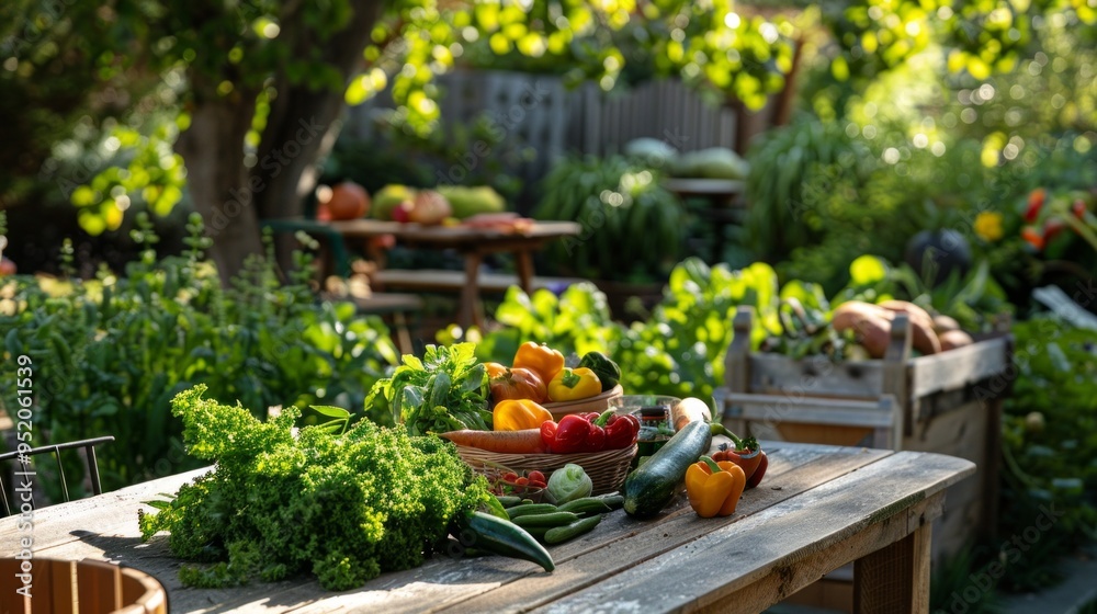 A beautifully arranged outdoor wooden table filled with seasonal produce in a vibrant garden setting A beautifully arranged outdoor wooden table filled with seasonal produce in a vibrant garden setting