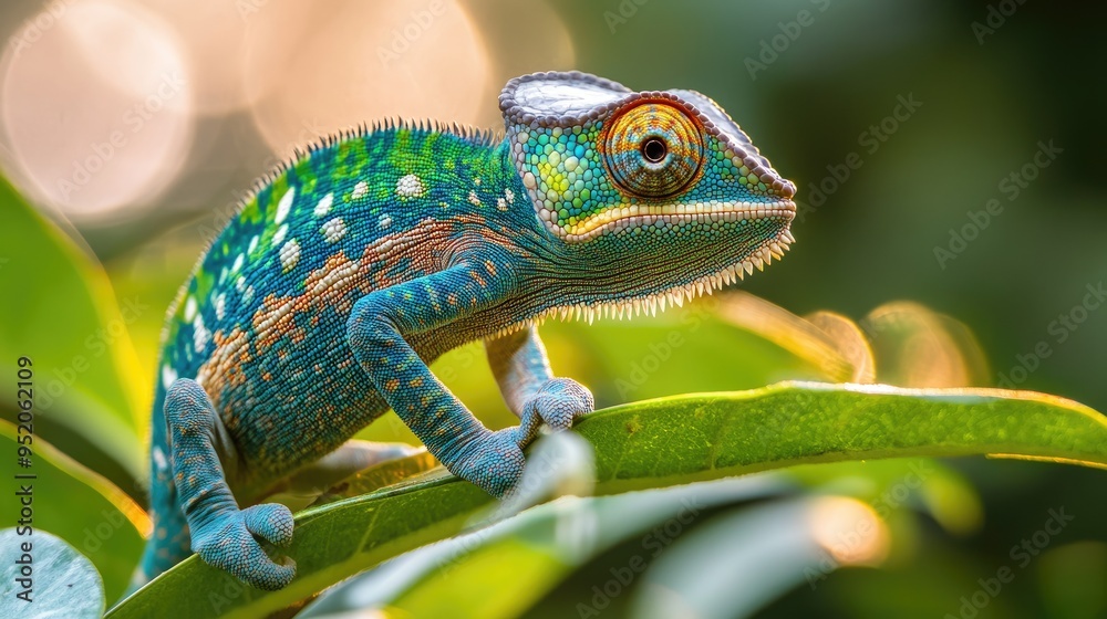 Obraz premium A vibrant chameleon perched on a leaf, showcasing its colorful scales in nature.