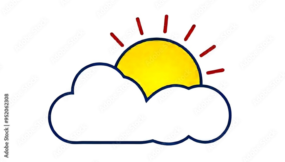 Cloud with sun icon drawing clipart isolated on a white background