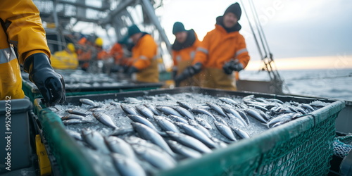 Off loading fresh caught fishes at harbor.  photo