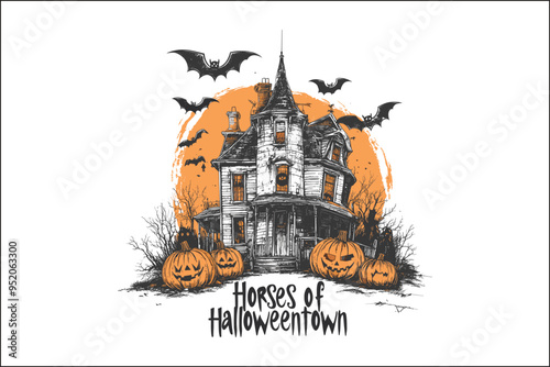 Stylish Halloween Tee with Haunted House & Bats photo