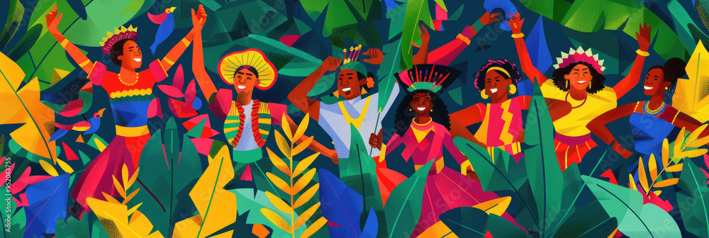 A group of joyful dancers in traditional attire celebrates their heritage surrounded by lush green foliage and colorful tropical plants A group of joyful dancers in traditional attire celebrates their heritage surrounded by lush green foliage and colorful tropical plants