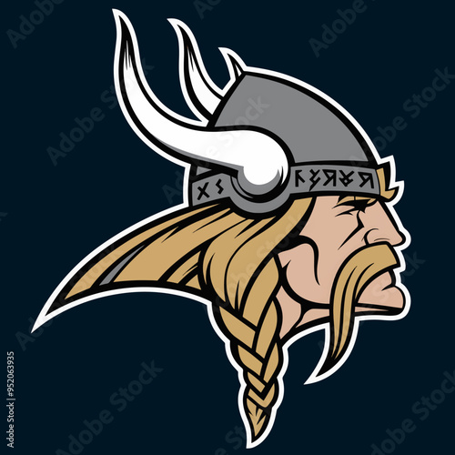 A detailed illustration of a Viking warrior's head with a fierce expression. The warrior is wearing a traditional helmet with horns and intricate
designs. There are Nordic runes inscribed on the helme