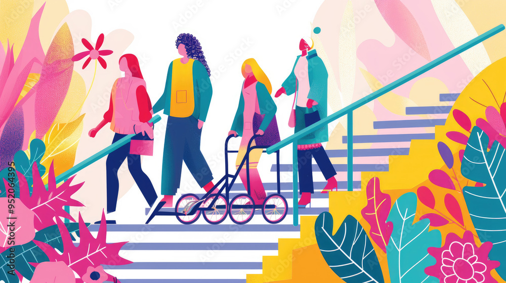 A group of women walks down colorful steps, enjoying the day while surrounded by lush plants and bright flowers A group of women walks down colorful steps, enjoying the day while surrounded by lush plants and bright flowers
