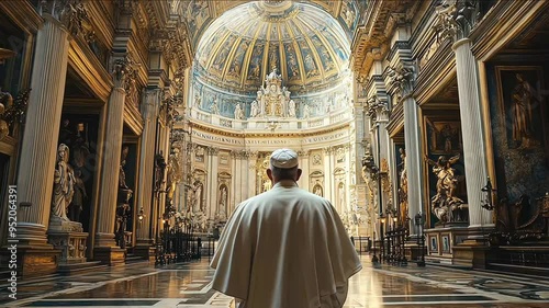 A pope seen from the backside in a Christian cathedral