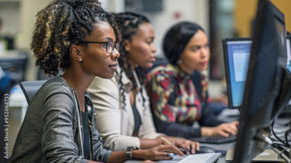 A group of women engage in computer tasks, showcasing teamwork and concentration in a modern office setting A group of women engage in computer tasks, showcasing teamwork and concentration in a modern office setting