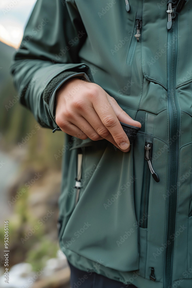 A hand pulls the zipper of a green outdoor jacket pocket while standing near a river in a serene mountainous landscape under bright sunlight A hand pulls the zipper of a green outdoor jacket pocket while standing near a river in a serene mountainous landscape under bright sunlight