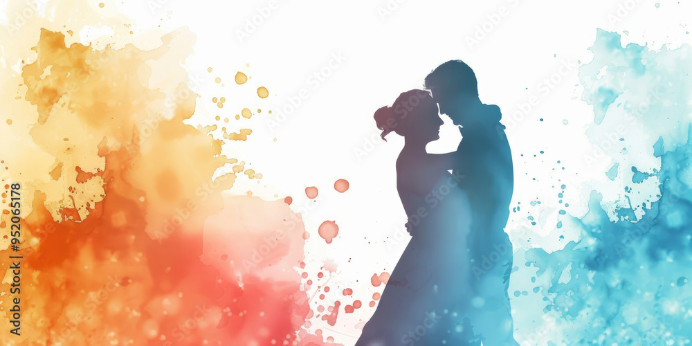 A passionate couple shares a tender moment, silhouetted against a blend of warm and cool colors in a romantic setting A passionate couple shares a tender moment, silhouetted against a blend of warm and cool colors in a romantic setting