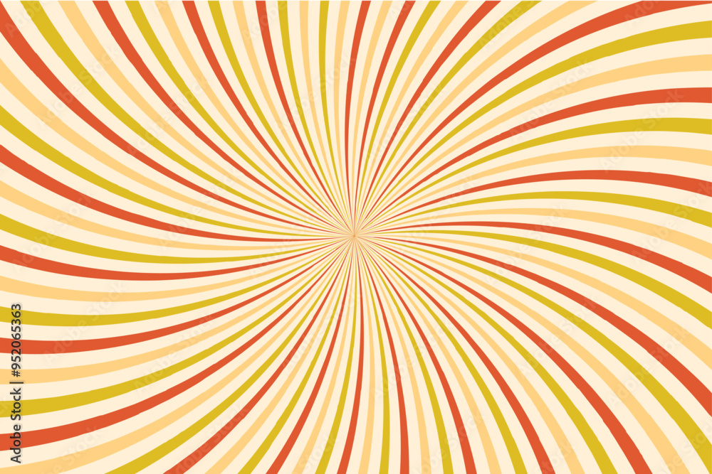 Fototapeta premium Swirling radial ice cream background. Orange groovy vortex spiral twirl. Twirl sunburst psychedelic pattern. Orange lollipop texture. Swirl candy background. Vector illustration