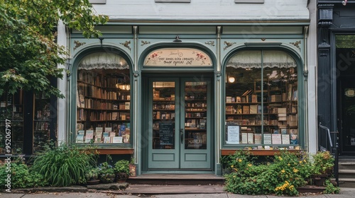 A charming bookstore with large windows displaying books and a welcoming entrance.