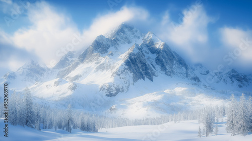 A mountain range covered in snow with a clear blue sky in the background