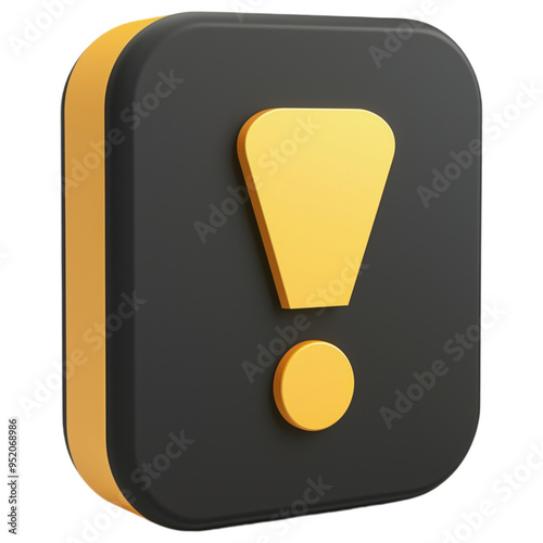 3D exclamation mark icon isolated on transparent background with modern black and gold design.