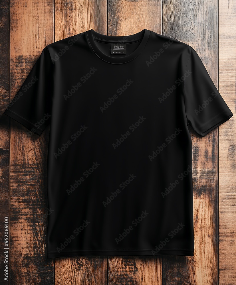 Black t-shirt laid out flat on rustic wooden background Black t-shirt laid out flat on rustic wooden background