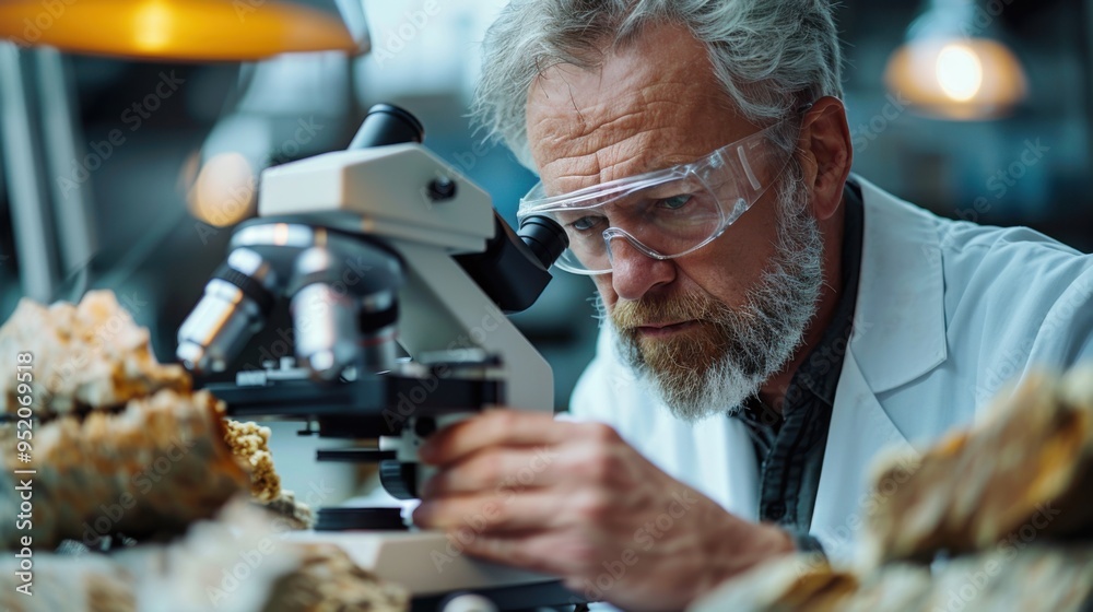 Man looking through a microscope at a piece of food Man looking through a microscope at a piece of food